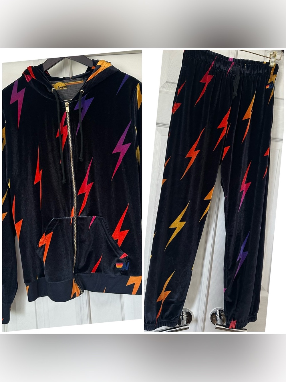 Aviator Nation Black Velvet Hoodie and pants set Multicolor Lightning Bolt